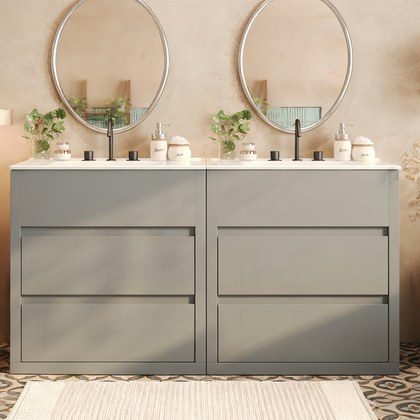 60  Double Sinks Bathroom Vanity Set, Bathroom Cabinet With Two Separate Ceramic Sinks, Full-Extension Drawers & Soft Close Undermount Drawer Slides…