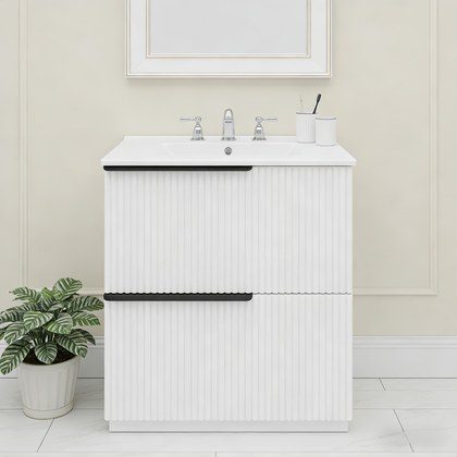 30  Bathroom Vanity With Ceramic Sink And Full-Extension Drawers, Freestanding Bathroom Vanity With Soft Close Drawer Slides, Fluted Design, White