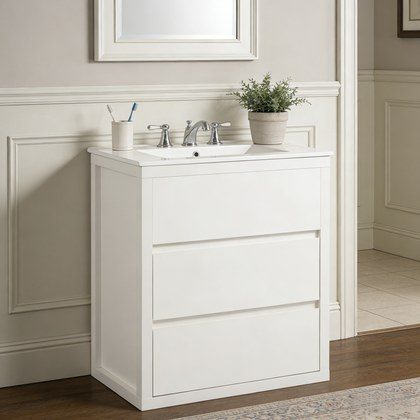 30  Bathroom Vanity With Ceramic Sink And 2 Full-Extension Drawers, Freestanding Bathroom Vanity With 45 Free-Handle Design, Soft Close Undermount D…