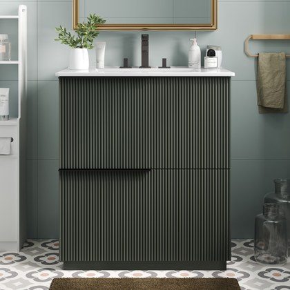 30  Bathroom Vanity With Ceramic Sink And Full-Extension Drawers, Soft Close Undermount Drawer Slides,  Fluted Design, Green