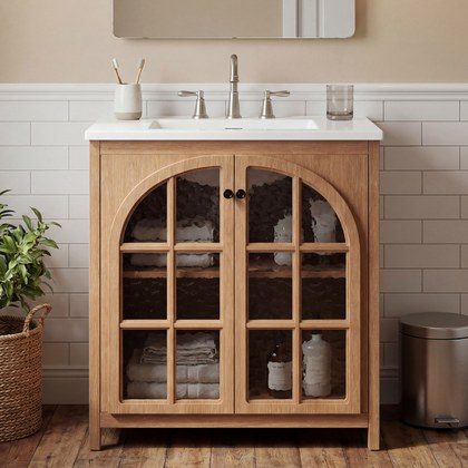 30 Inches Bathroom Vanity With Ceramic Sink, Vintage Rustic Bathroom Cabinet With Bronze Pulls And 2 Soft-Closing Doors, Antique Natural