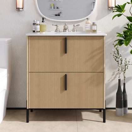 30  Bathroom Vanity With Ceramic Sink And Full-Extension Drawers, Soft Close Undermount Drawer Slides, Fluted Design, Natural
