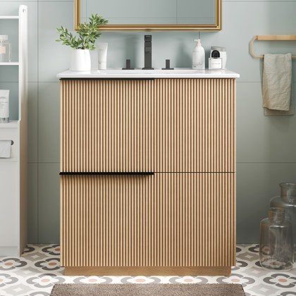 30  Bathroom Vanity With Ceramic Sink And Full-Extension Drawers, Soft Close Undermount Drawer Slides, Fluted Design, Natural