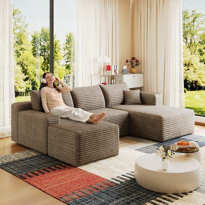95  Cloud Sectional Sofa With 1 Ottoman,Modern Minimalist Upholstered Couches, Comfort U Shaped Sofa For Living Room,Deep Seat Corner Couch,No Assem…