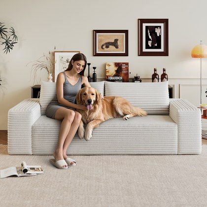 71  3Setaser Sofa,Corduroy Fabric,Deep Seat Couches,Comfy Loveseat Sofa,No Assembly,1pcs For Living Room, Bedroom,Conference Room ,Apartment,White