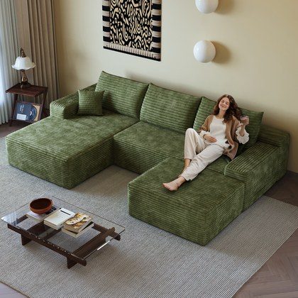 107 Cloud Sectional Sofa With 1 Ottoman,Modern Minimalist Upholstered Couches,Comfort U Shaped Sofa For Living Room,Deep Seat Corner Couch,No Assemb…