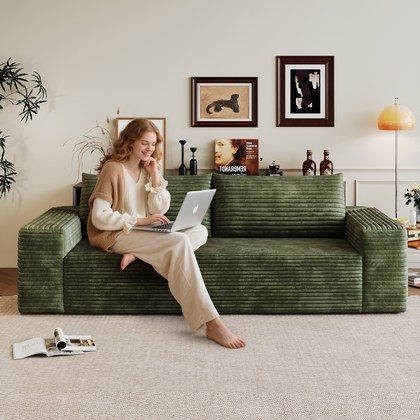 71  3Setaser Sofa,Corduroy Fabric,Deep Seat Couches,Comfy Loveseat Sofa,No Assembly,1pcs For Living Room, Bedroom,Conference Room ,Apartment,Green