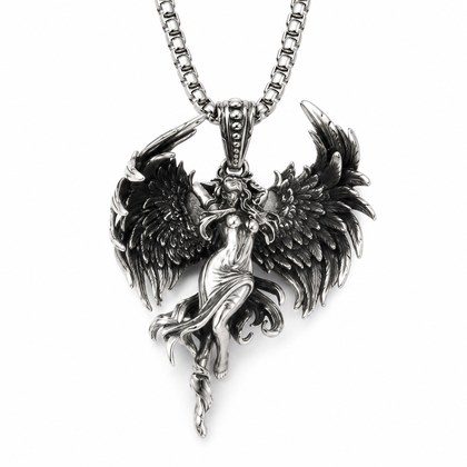 Antique Fallen Angel Wing Pendant Necklace For Men Women, Copper Plated Silver 3D Sculpted Gothic Angel Charm Punk Biker Jewelry Gift