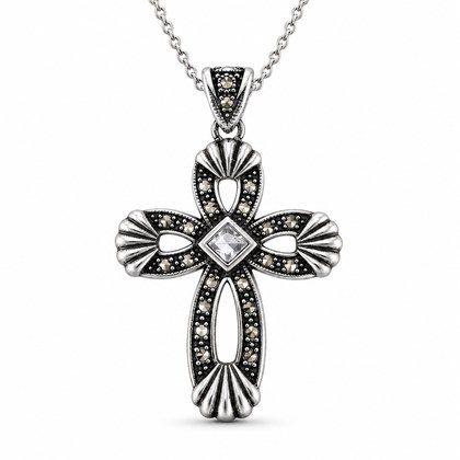 Vintage Openwork Marcasite Cross Pendant Necklace For Men Women, Copper Plated Silver Square Clear CZ Antique Religious Faith Biker Jewelry Gift