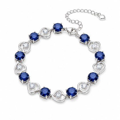 Heart Link Round Blue CZ Tennis Bracelet For Women, Copper Plated Silver With Adjustable Extension Chain Sapphire Color Cubic Zirconia Romantic Wedd…