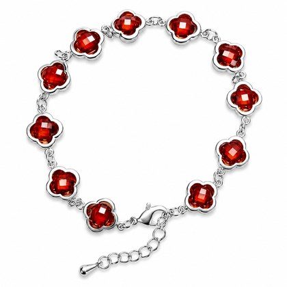 Four-Leaf Clover Red Cubic Zirconia Link Bracelet For Women, Copper Plated Silver Adjustable Extension Chain Lucky Charm Wedding Daily Jewelry Gift