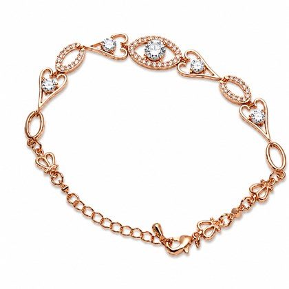 Rose Gold Heart & Oval Halo CZ Link Bracelet For Women, Copper Plated Silver Butterfly Decor Adjustable Extension Chain Dainty Wedding Party Crystal…