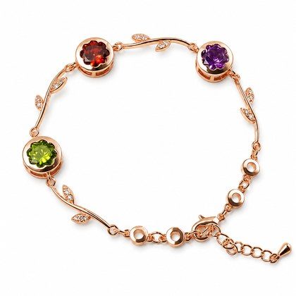 Rose Gold Branch Leaf Multicolor CZ Link Bracelet For Women, Copper Plated Silver Adjustable Extension Chain Floral Gem Wedding Daily Jewelry Gift