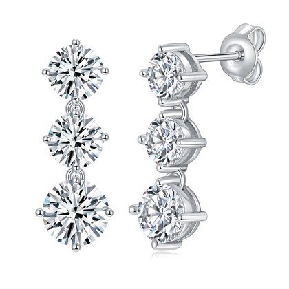 S925 Sterling Silver Moissanite Dangle Earrings 3-Stone Round Cut Vertical Drop Earrings With GRA Certificate Platinum Plated Fine Jewelry Gift Box …