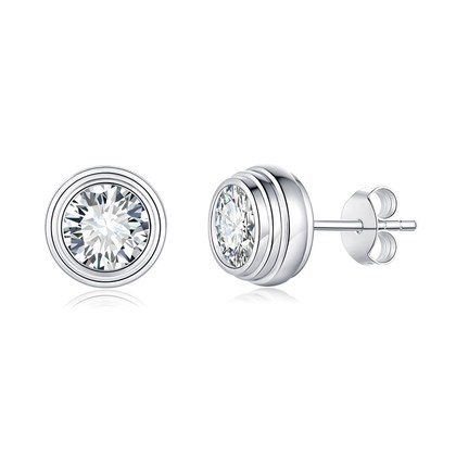 S925 Sterling Silver 0.5 Or 1CT Moissanite Stud Earrings  Round Bezel Set With GRA Certificate, Platinum Plated Jewelry Gift Box Set For Women
