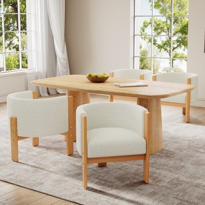 Upholstered Dining Chairs Set Of 4, Natural Rubber Wood Frame And White Boucle Fabric, Modern Armchairs For Dining And Living Room, 225lbs Capacity