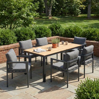 7-Piece Outdoor Dining Set, Acacia Wood Table & 6 Grey Aluminum Chairs With Grey Cushions, Patio Dining Furniture