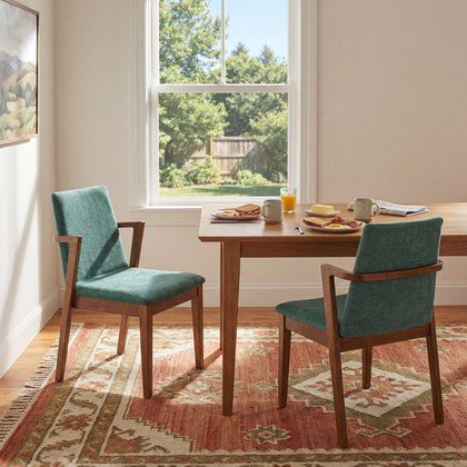Mid-Century Modern Dining Chairs Set Of 2 - Green Fabric Upholstered Armchairs With Walnut Color Rubber Wood Frame, 250lbs Capacity For Kitchen & Di…