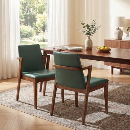 Mid-Century Modern Dining Chairs Set Of 2 - Green PU Upholstered Armchairs With Walnut Color Rubber Wood Frame, 250lbs Capacity For Kitchen & Dining…