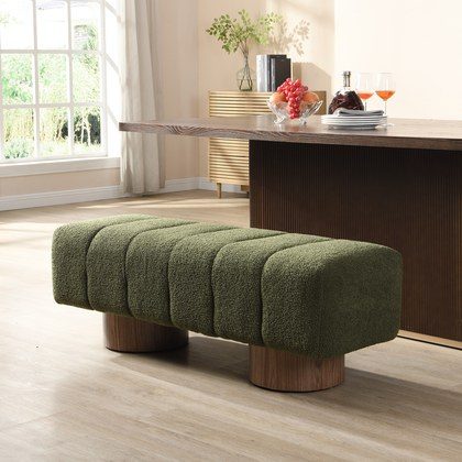 Upholstered Dining Bench For Dining Room, No-Assembly End Of Bed Entryway Bench Ottoman For Bedroom Living Room, Green Boucle Fabric, Leg 300 LBS We…