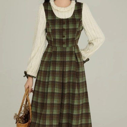 Preppy-style Faux Two-piece Green Plaid Dress