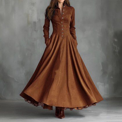 Womens French-style Vintage Faux Suede And Lace Patchwork Shirt Dress