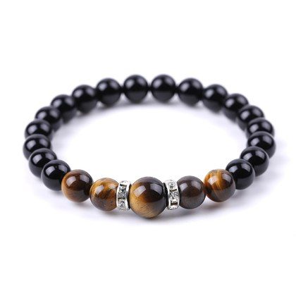 8 Mm 10mm Tigers Eye And Glossy Black Stone Micro-Inlaid Diamond Bracelet