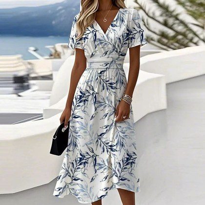 New Floral 3D Digital-print V-neck Short-sleeve Dress