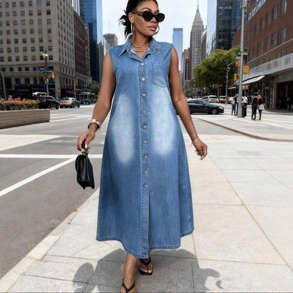 Womens Sleeveless Single-Breasted Denim Dress