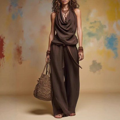 Arrival A Chic Laid-back Retro Striped Solid-color Top And Wide-leg Pants Set