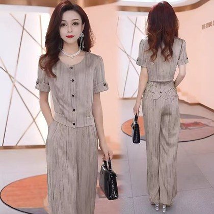 Womens Summer New Chic Slimming Wide-leg Pants Two-piece Set