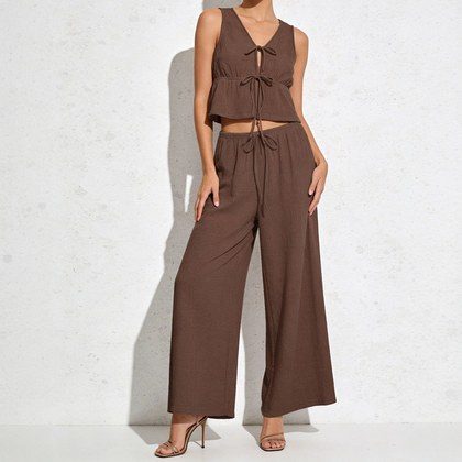Solid-color Sleeveless Top With Tie Detail And Casual Wide-leg Pants Set