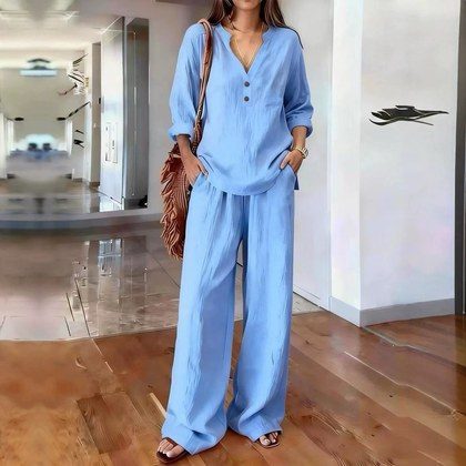 New Womens Long-sleeve Solid-color Relaxed-fit Casual Two-piece Set