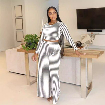 Womens Casual Striped Loose-Fit Wide-Leg Pants Two-Piece Set