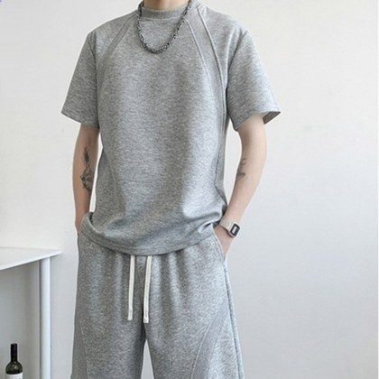 Mens Casual Summer Solid-Color Short-Sleeve T-Shirt And Shorts Set