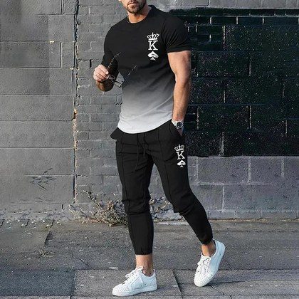 Mens Casual Sporty Printed T-Shirt And Pants Two-Piece Set