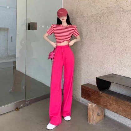 New Womens Summer Striped Short T-shirt And High-waisted Wide-leg Pants Two-piece Set