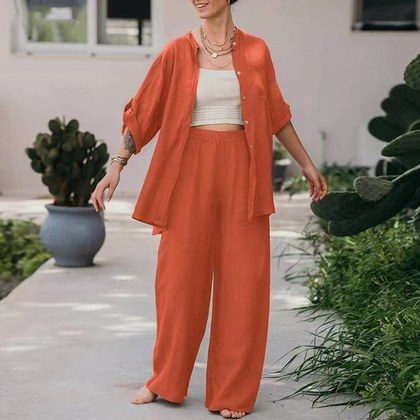 Solid-color Lapel Long-sleeve Pocket Shirt Top And Pants Two-piece Set