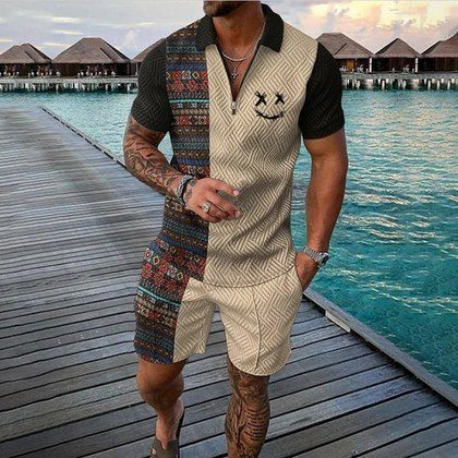 Zip-up Polo Shirt And Shorts Set