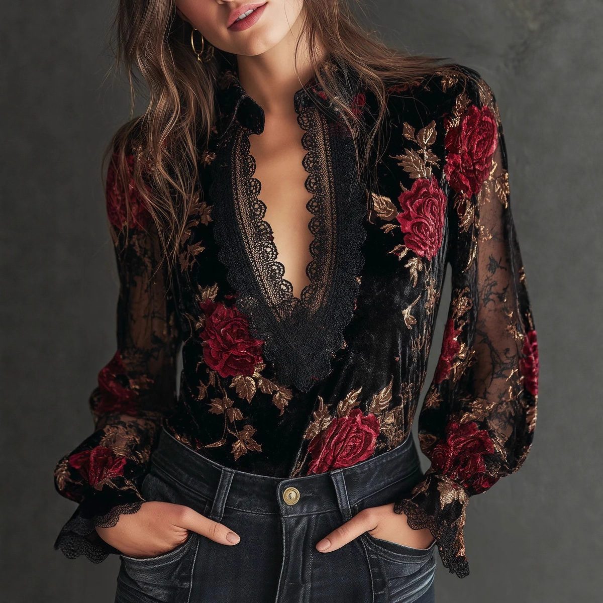 Womens Loose-fit Long-sleeve Gold Velvet Blouse