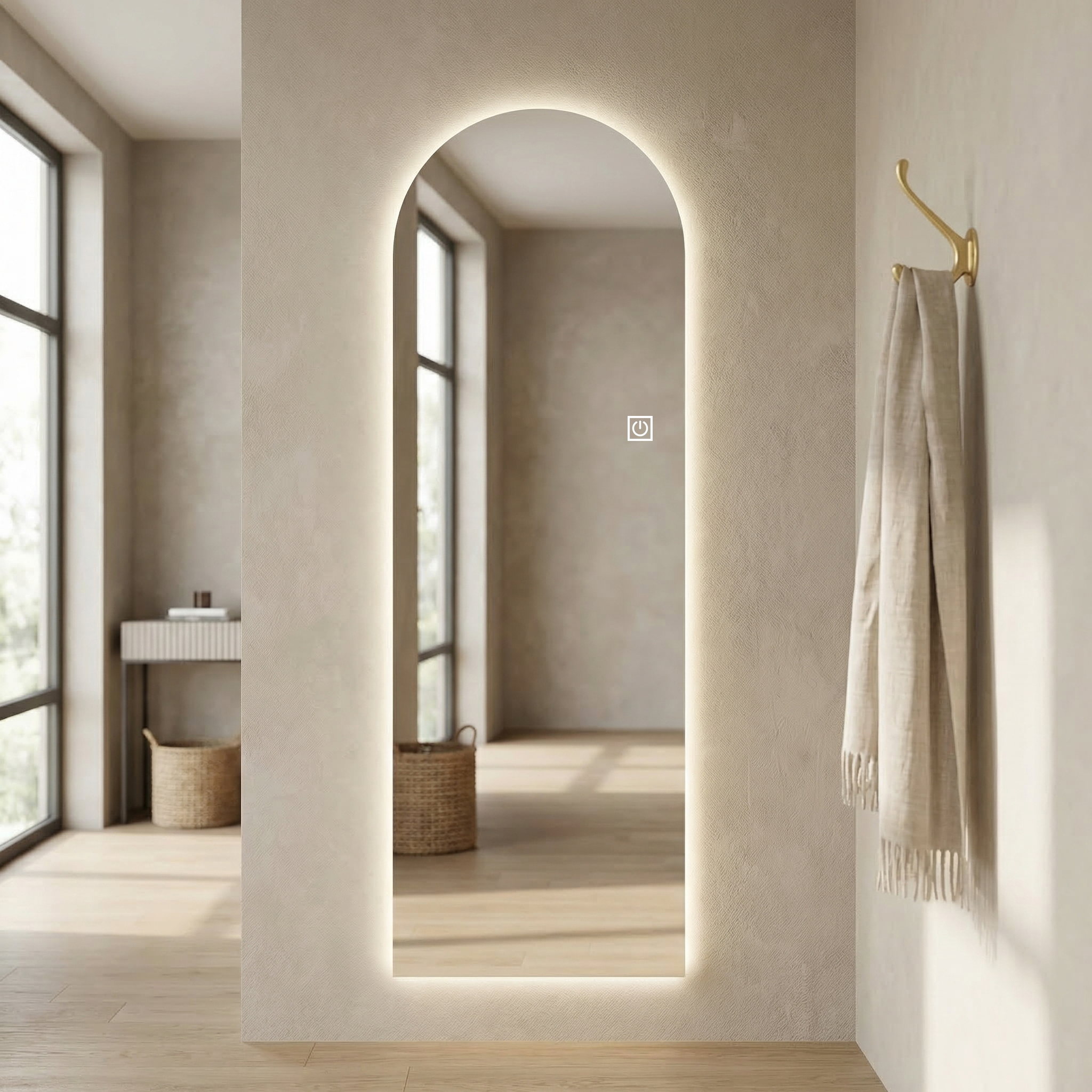 65  X 21  LED Full Length Wall Mirror, Symmetrical Arch Design, 3-Color Dimmable Lighting, Shatterproof