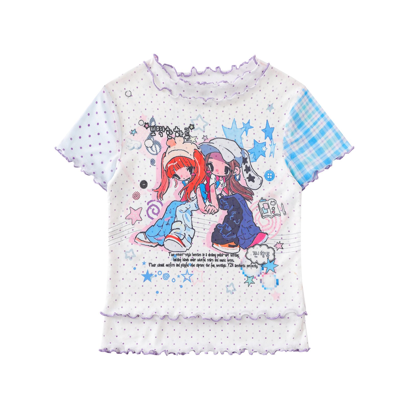 Cartoon Graffiti Mesh T-Shirt Color-Blocked Plaid Ruffle Trim Fitted Bodysuit