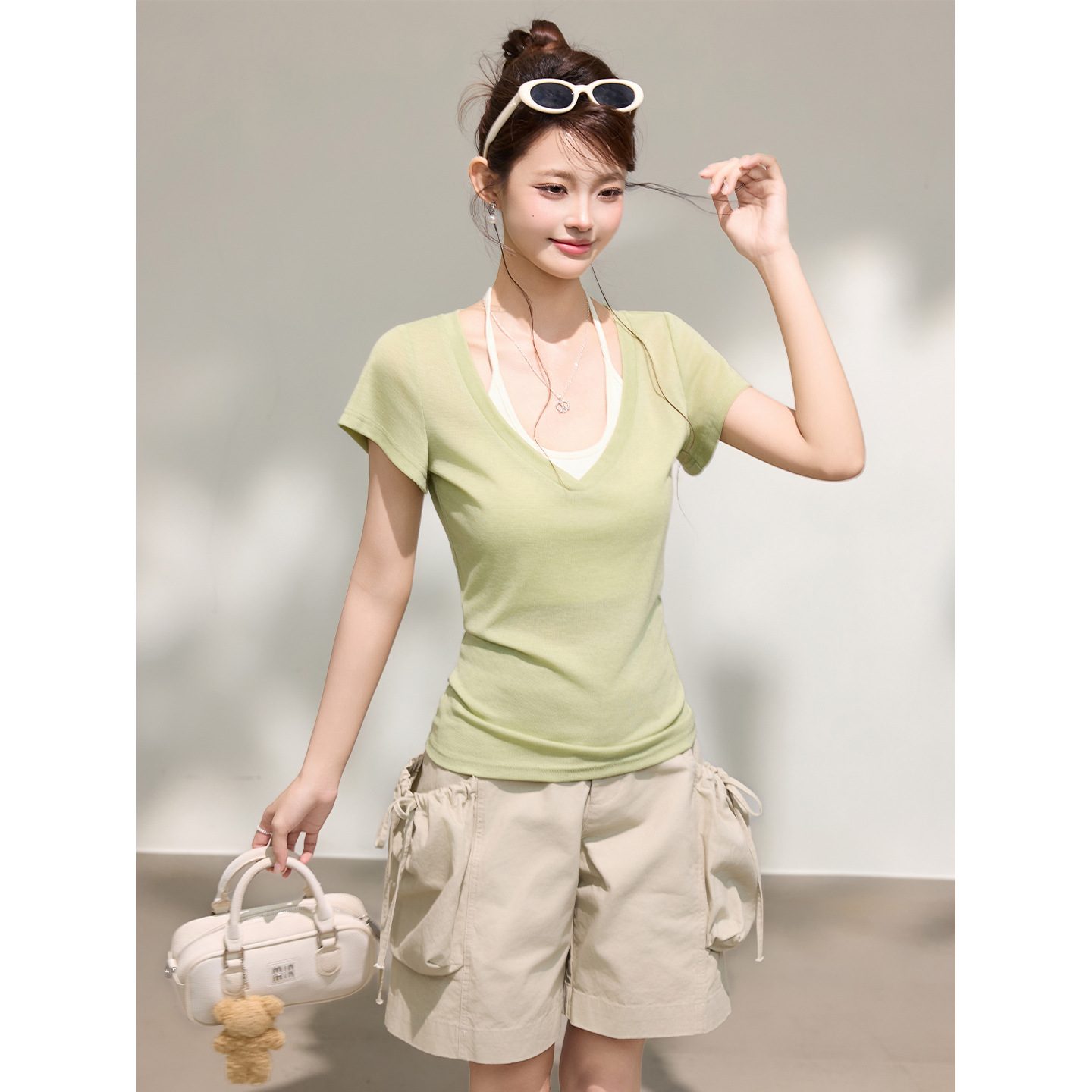 Green V-Neck Regular Shoulder Short Sleeve T-Shirt for Women, U-Neck Halter Bralette Tank Top Set