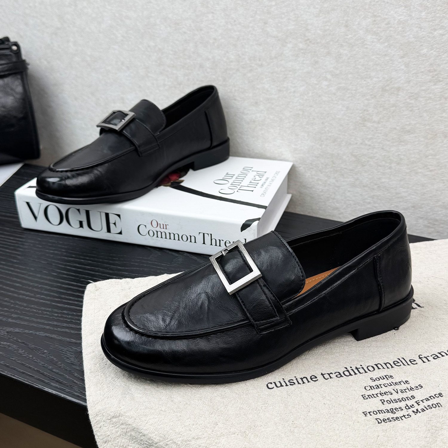 Round-toe Metal Buckle Slip-on Soft-soled Leather Shoes