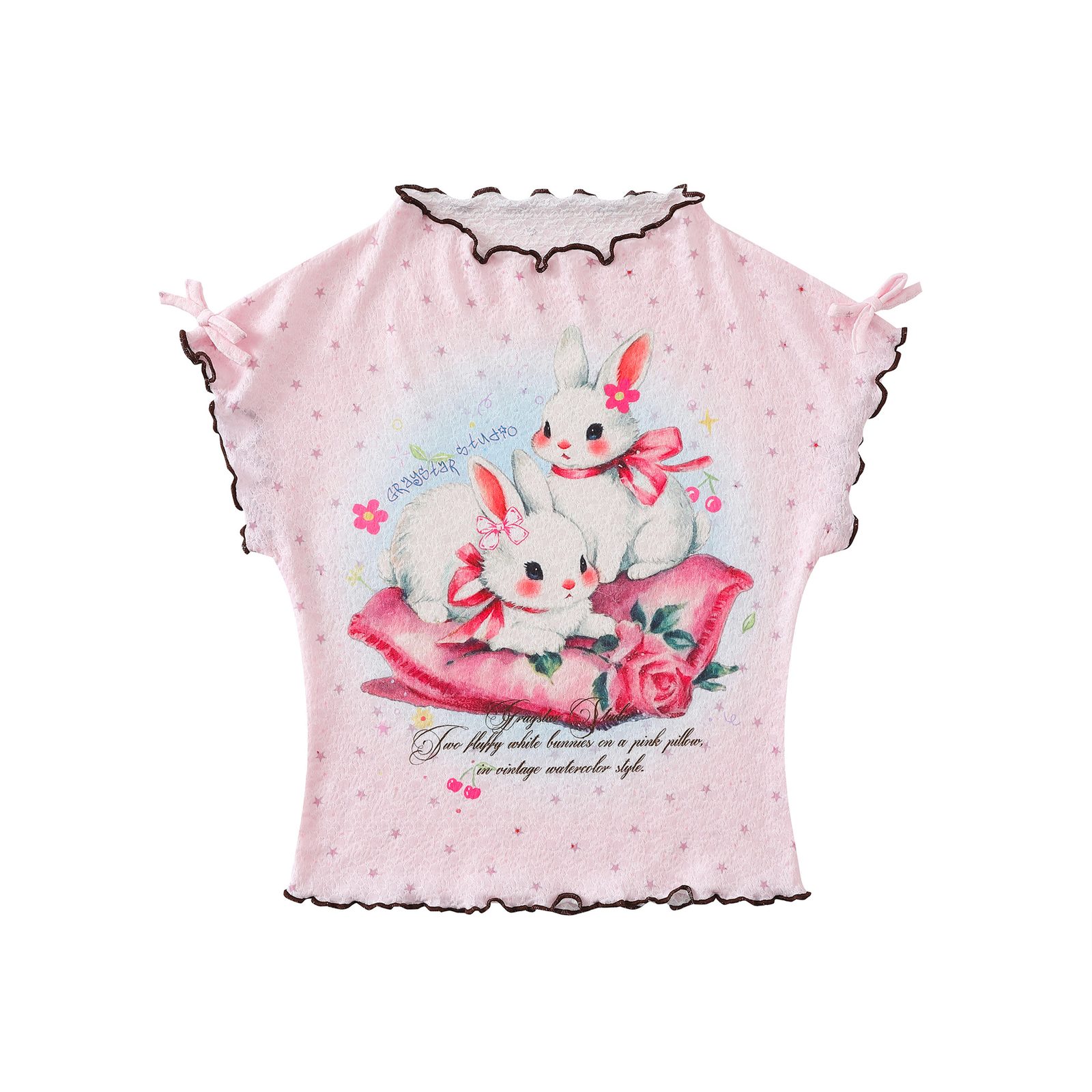 Cartoon Graffiti Mesh T-Shirt Color-Blocked Plaid Ruffle Trim Fitted Bodysuit