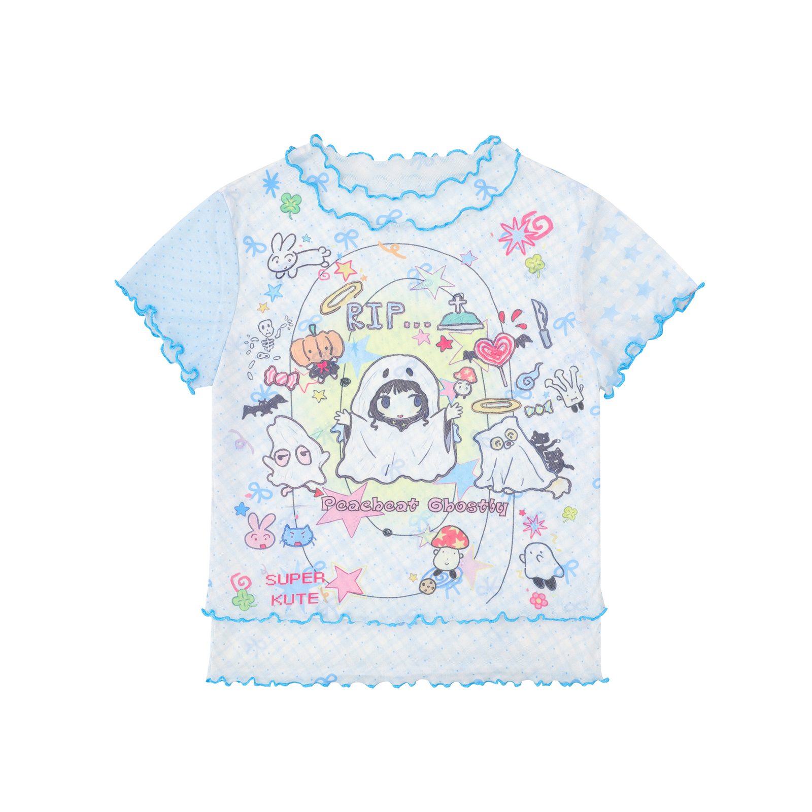 Sweet Style Cartoon Graffiti Mesh T-Shirt Color-Blocked Plaid Ruffle Trim Fitted Bodysuit