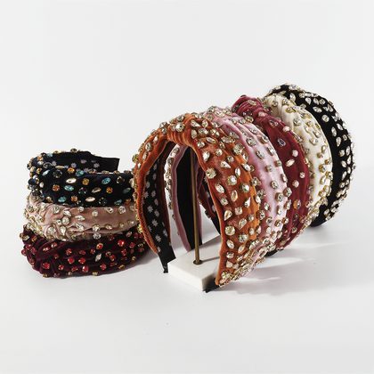 Exaggerated Fashion Hair Bands Female Corduroy Temperament Sweet Hair Ornaments Wide Side Knotted With Diamonds Headband