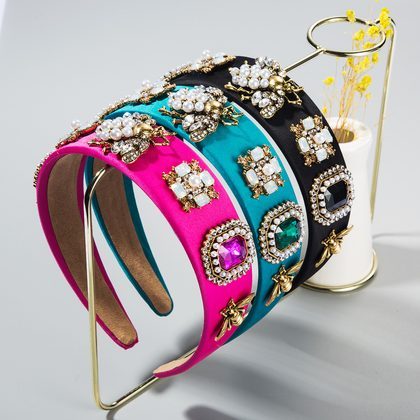 Creative Baroque Headband With Rhinestones Pearl Headband Bee Colorful Fabric Garland Headgear