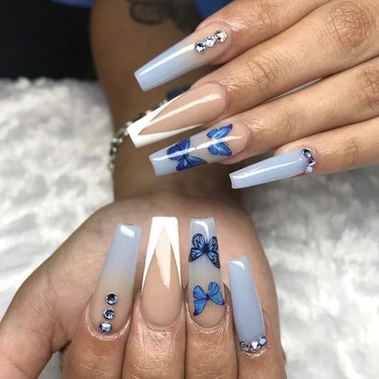 Ins Net Red With The Same Blue Butterfly Point Drill V-Shaped French Style Personality Trend Wearing Manicure Nail Patch