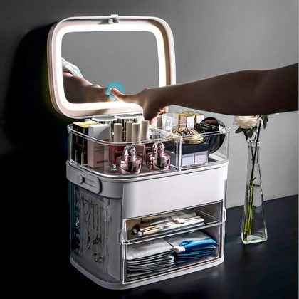 LED Makeup Mirror With Light Cosmetic Storage Box Lipstick Finishing Box Drawer Type Vanity Mirror Skin Care Product Storage Box